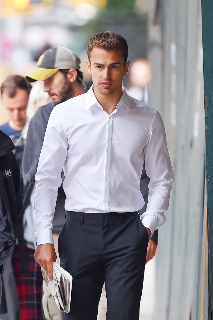 MANHATTAN, NY -  OCTOBER 02, 2014: Theo James and model Natasha Poly seen at a film set in Tribeca on OCTOBER 02, 2014 in New York City, New York